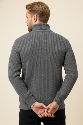 Sarmal Örgü Balıkçı Yaka Erkek Kazak Füme - Yeni Erkek Giyim