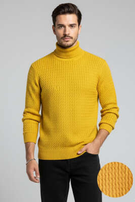 Sarmal Örgü Balıkçı Yaka Erkek Kazak Hardal - BETEKS