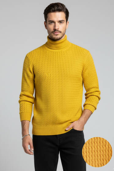 Sarmal Örgü Balıkçı Yaka Erkek Kazak Hardal - Yeni Erkek Giyim