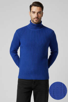 Sarmal Örgü Balıkçı Yaka Erkek Kazak Saks - BETEKS