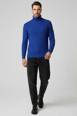 Sarmal Örgü Balıkçı Yaka Erkek Kazak Saks - Yeni Erkek Giyim