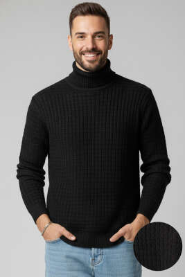 Sarmal Örgü Balıkçı Yaka Erkek Kazak Siyah - BETEKS