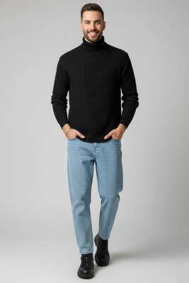 Sarmal Örgü Balıkçı Yaka Erkek Kazak Siyah - Yeni Erkek Giyim