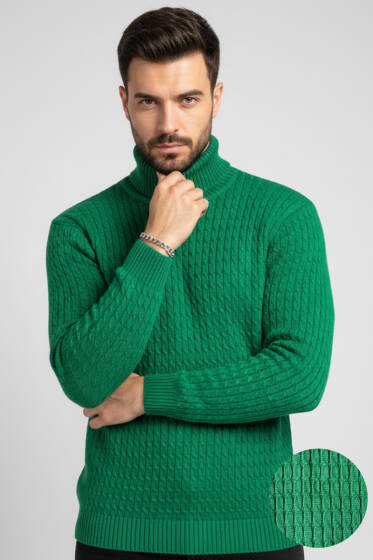 Sarmal Örgü Balıkçı Yaka Erkek Kazak Yeşil - Yeni Erkek Giyim