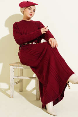 Sarmal Şeritli Triko Elbise Bordo - RAFİMİX