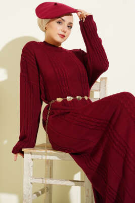 Sarmal Şeritli Triko Elbise Bordo - Elbise