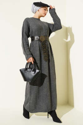 Sarmal Şeritli Triko Elbise Füme - RAFİMİX