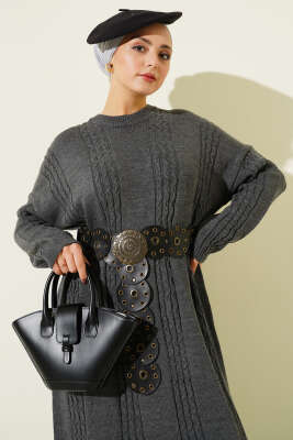 Sarmal Şeritli Triko Elbise Füme - Elbise