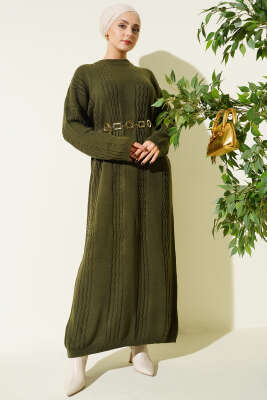 Sarmal Şeritli Triko Elbise Haki - Elbise