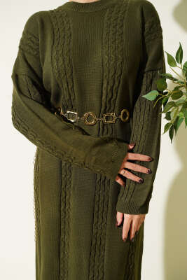 Sarmal Şeritli Triko Elbise Haki - Elbise