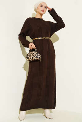 Sarmal Şeritli Triko Elbise Kahve - RAFİMİX