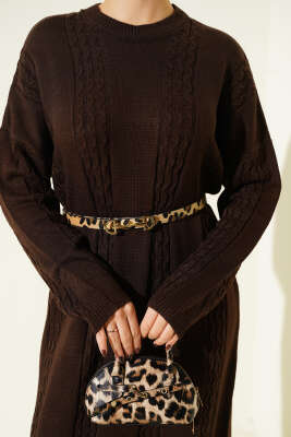 Sarmal Şeritli Triko Elbise Kahve - Elbise