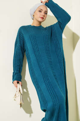 Sarmal Şeritli Triko Elbise Petrol - Elbise