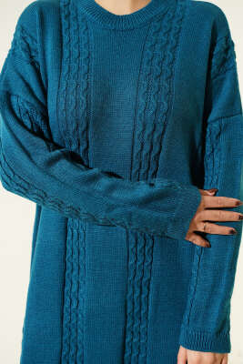 Sarmal Şeritli Triko Elbise Petrol - Elbise