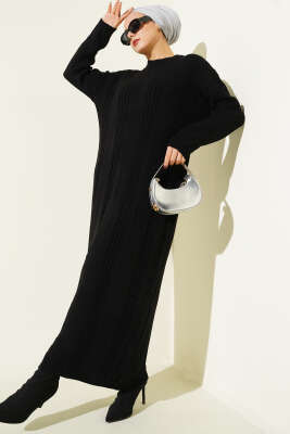 Sarmal Şeritli Triko Elbise Siyah - RAFİMİX