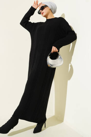 Sarmal Şeritli Triko Elbise Siyah - Elbise