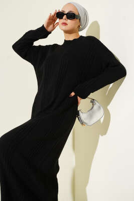 Sarmal Şeritli Triko Elbise Siyah - Elbise