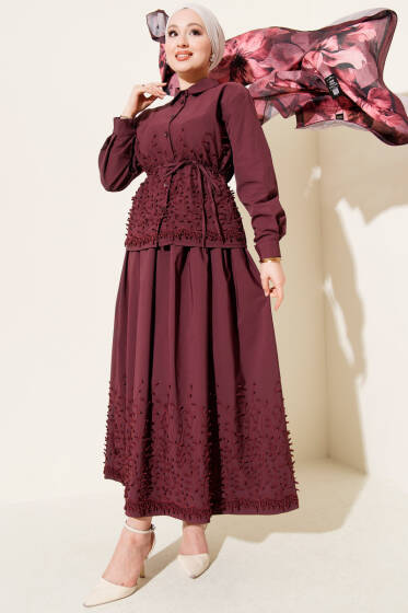 Sarmaşık Kabartmalı Etekli İkili Takım Bordo - İkili Takım