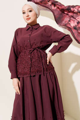 Sarmaşık Kabartmalı Etekli İkili Takım Bordo - İkili Takım