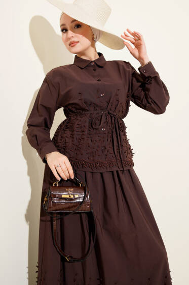 Sarmaşık Kabartmalı Etekli İkili Takım Kahve - İkili Takım