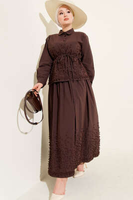 Sarmaşık Kabartmalı Etekli İkili Takım Kahve - İkili Takım