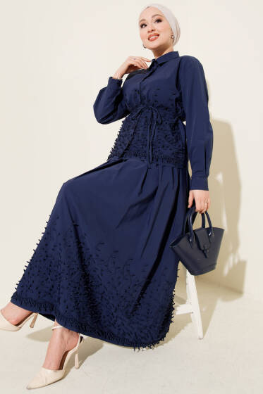 Sarmaşık Kabartmalı Etekli İkili Takım Lacivert - İkili Takım