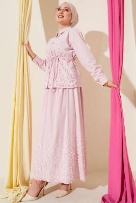 Sarmaşık Kabartmalı Etekli İkili Takım Pembe - DUFON