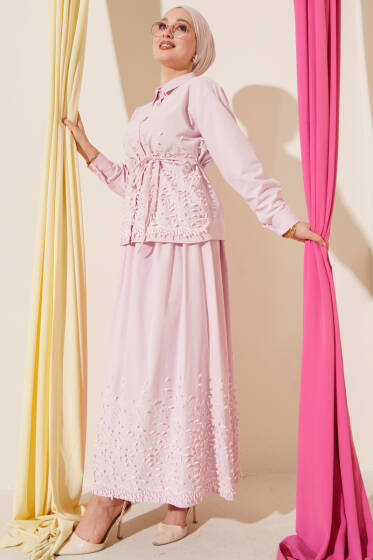 Sarmaşık Kabartmalı Etekli İkili Takım Pembe - İkili Takım