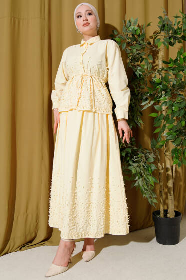 Sarmaşık Kabartmalı Etekli İkili Takım Sarı - İkili Takım