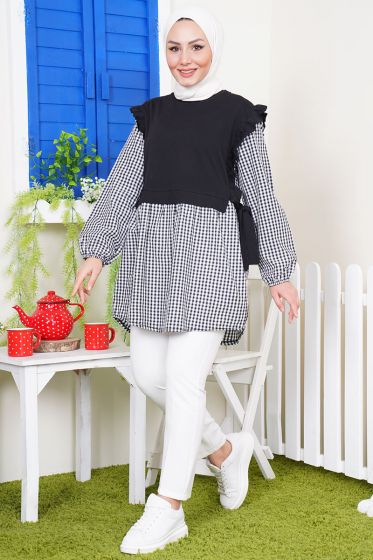 Pötikareli Yanları Büzgü Detay Siyah Tunik - Uzun Tunik