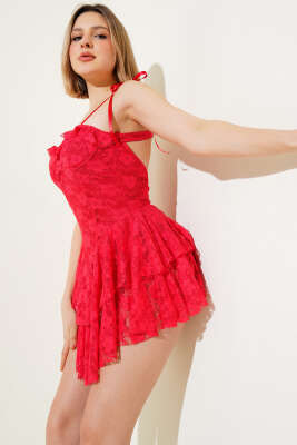 Saten Askılı Dantelli Mini Elbise Kırmızı - DİSCO FASHİON