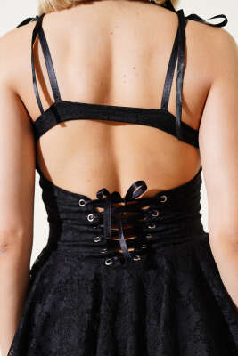 Saten Askılı Dantelli Mini Elbise Siyah - Kadın Giyim Modelleri