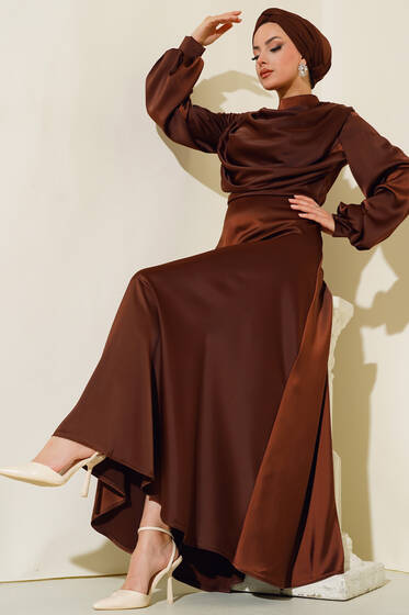 Saten Balon Kol Elbise Kahve - Tesettür Elbise