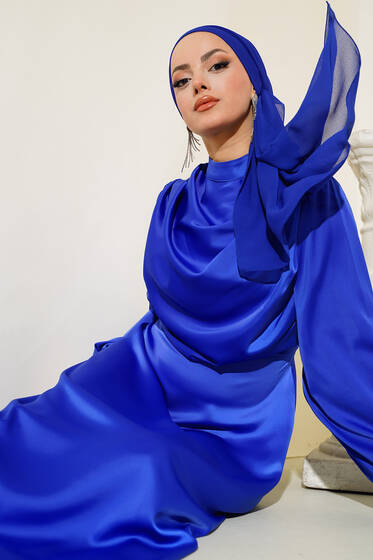 Saten Balon Kol Elbise Saks - Tesettür Elbise