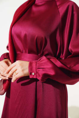 Saten Bel Kuşaklı Elbise Bordo - Tesettür Elbise