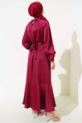 Saten Bel Kuşaklı Elbise Bordo - Tesettür Elbise