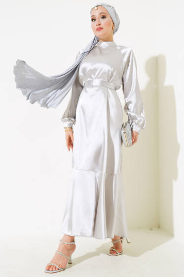 Saten Bel Kuşaklı Elbise Gri - Elbise