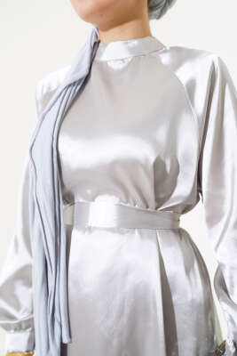 Saten Bel Kuşaklı Elbise Gri - Tesettür Elbise