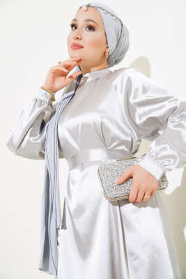 Saten Bel Kuşaklı Elbise Gri - Tesettür Elbise