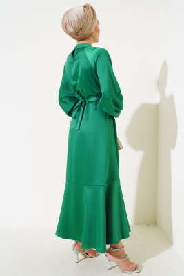 Saten Bel Kuşaklı Elbise Yeşil - Tesettür Elbise
