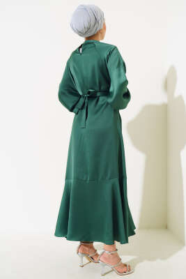 Saten Bel Kuşaklı Elbise Zümrüt - Tesettür Elbise