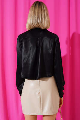 Saten Crop Gömlek Siyah - Kadın Giyim Modelleri