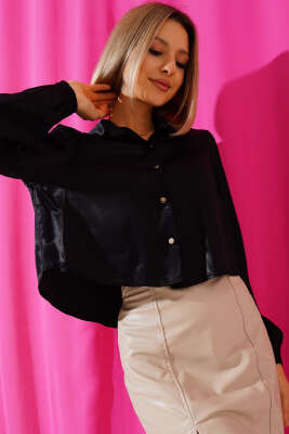 Saten Crop Gömlek Siyah - ESTELLE