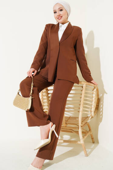 Saten Garnili Ceket İkili Takım Kahve - İkili Takım
