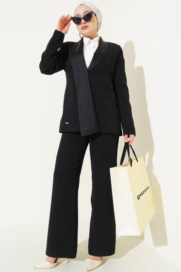 Saten Garnili Ceket İkili Takım Siyah - İkili Takım