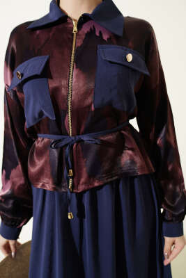 Saten Göğüs Cepli Bluz Etekli Takım Bordo Lacivert - İkili Takım