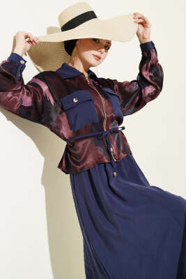 Saten Göğüs Cepli Bluz Etekli Takım Bordo Lacivert - İkili Takım