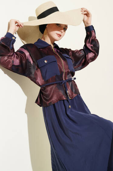 Saten Göğüs Cepli Bluz Etekli Takım Bordo Lacivert - İkili Takım