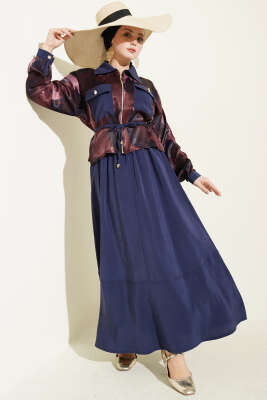 Saten Göğüs Cepli Bluz Etekli Takım Bordo Lacivert - İkili Takım