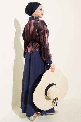 Saten Göğüs Cepli Bluz Etekli Takım Bordo Lacivert - İkili Takım